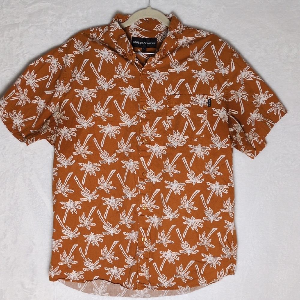 Molokai Surf Men's‎ Brown Palm Tree Print Button Down Shirt Size L